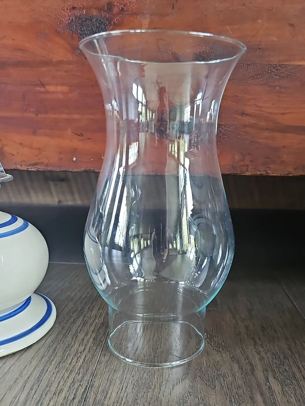 VNTG Farmhouse Blue White Ceramic Hurricane Oil Lamp Glass Chimney Cottage Decor